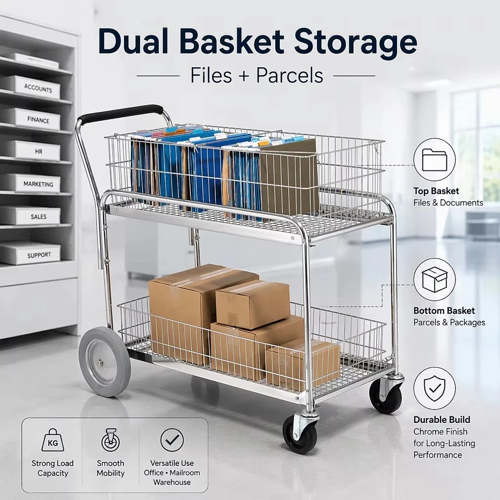 Chrome Plated Steel Wire Mail Cart With Upper And Lower Baskets