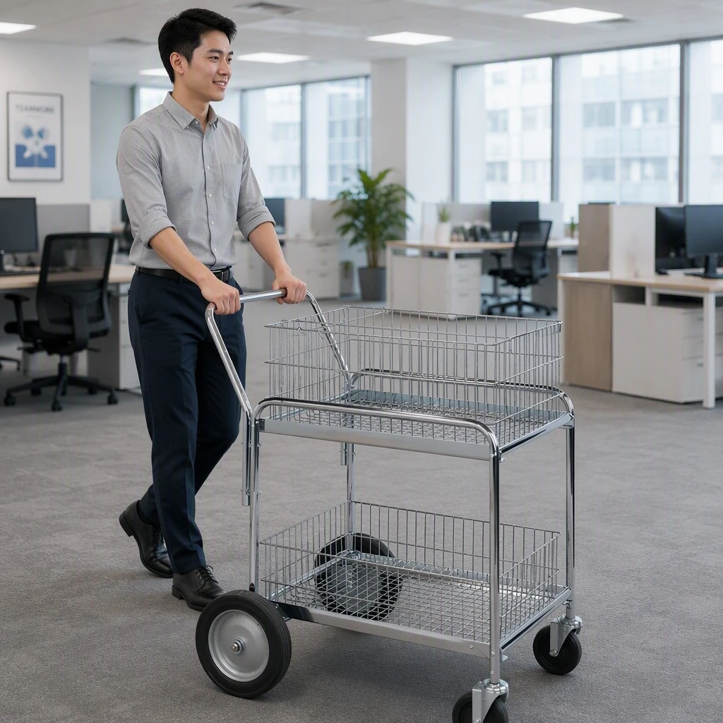 Chrome Plated Steel Wire Mail Cart With Upper And Lower Baskets